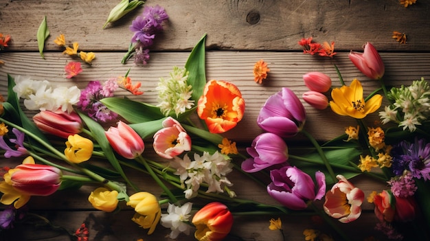 A collection of colorful tulips on a wooden surface