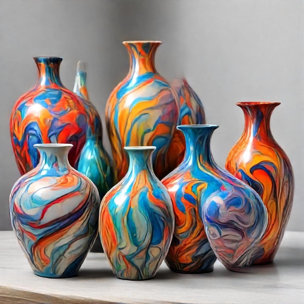 a collection of colorful vases are on a wooden shelf