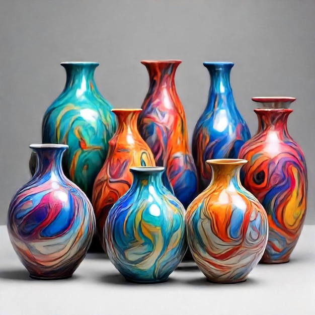 a collection of colorful vases with different colors