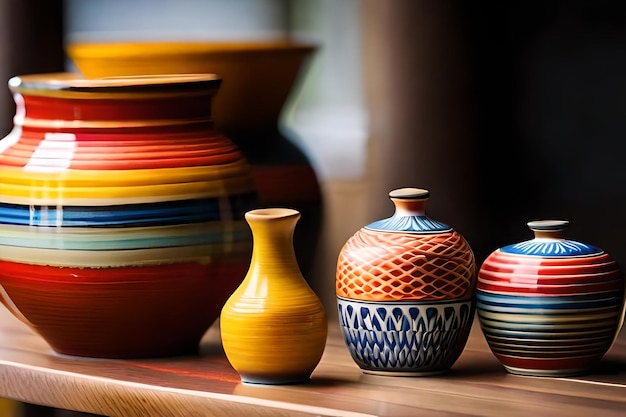 A collection of colorful vases on a wooden shelf, one of which has a red, white, and blue design.