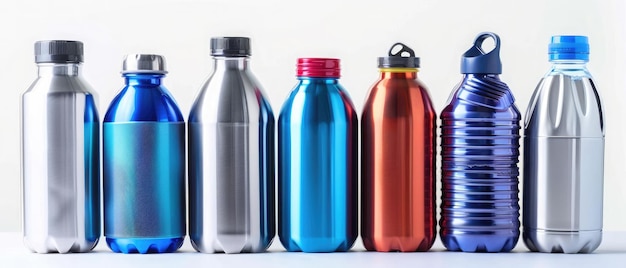 A collection of colorful water bottles displayed in an artistic arrangement against a neutral background