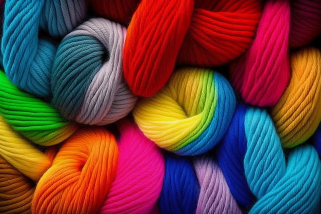 A collection of colorful yarns including one that says rainbow.