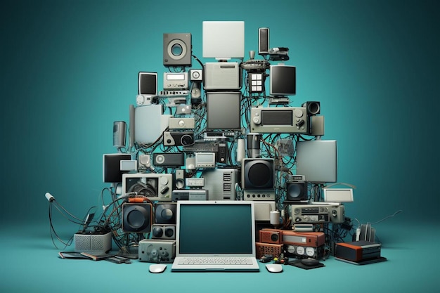 a collection of computer and other electronics including one that has a screen that says " desktop ".