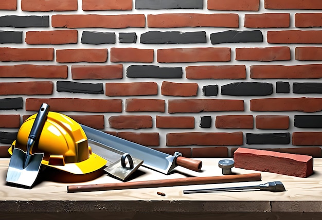 A Collection of Construction Tools and Equipment on a Workbench Against a Brick Wall for Building Pr