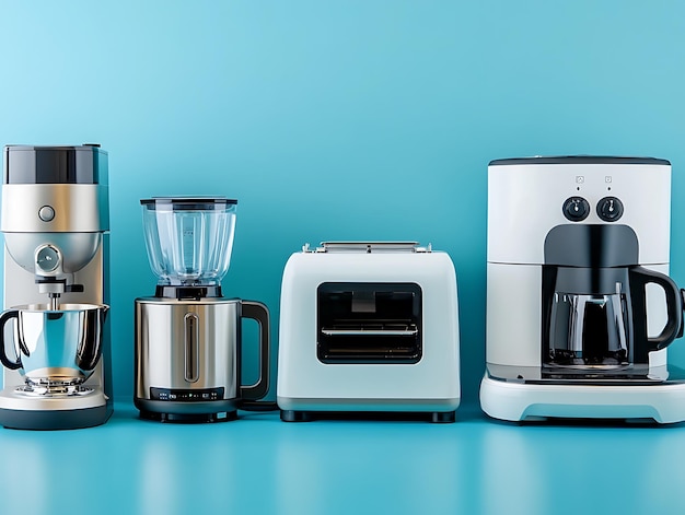 Photo a collection of contemporary kitchen appliances including a coffee maker blender and food processor in sleek black and stainless steel design