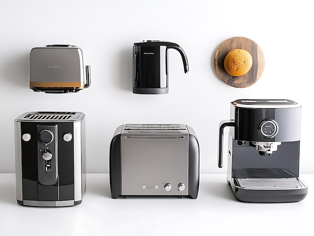 Photo a collection of contemporary kitchen appliances including a coffee maker blender and food processor in sleek black and stainless steel design