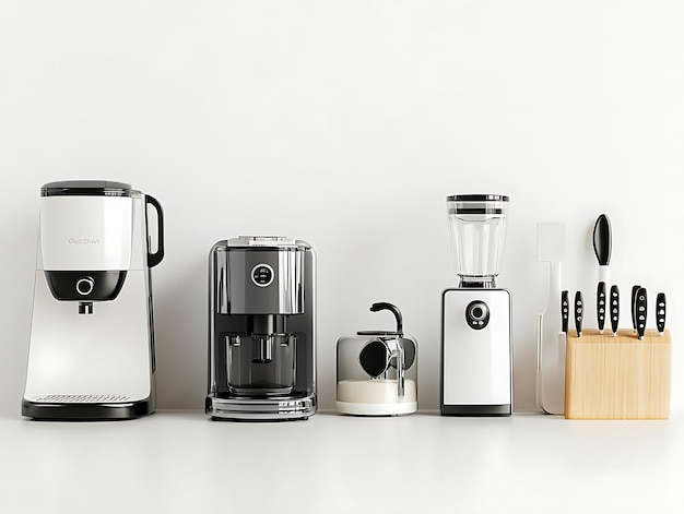 Photo a collection of contemporary kitchen appliances including a coffee maker blender and food processor in sleek black and stainless steel design