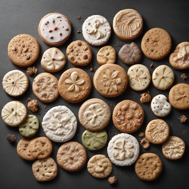 a collection of cookies including the number 3 4 and 3 are arranged on a black surface