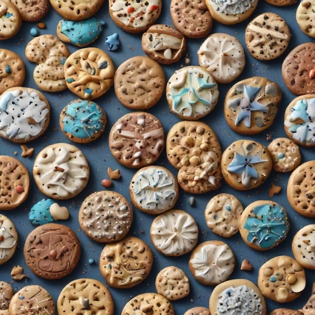 a collection of cookies with blue flowers and butterflies on them