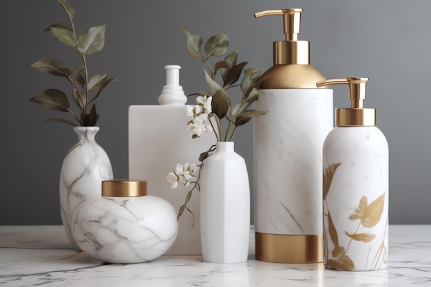 A collection of cosmetic bottles and marble soaps on a counter