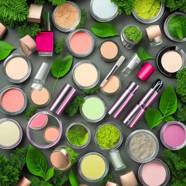 A collection of cosmetics including a green plant.