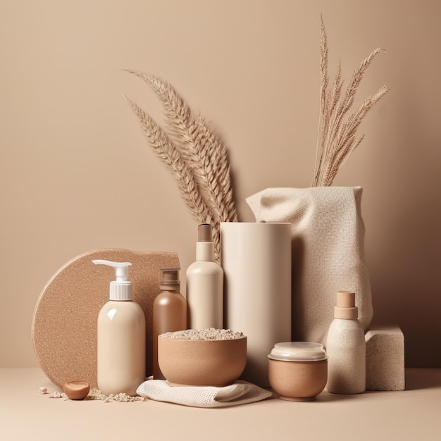 A collection of creams, soaps, and other bath products are on a table.