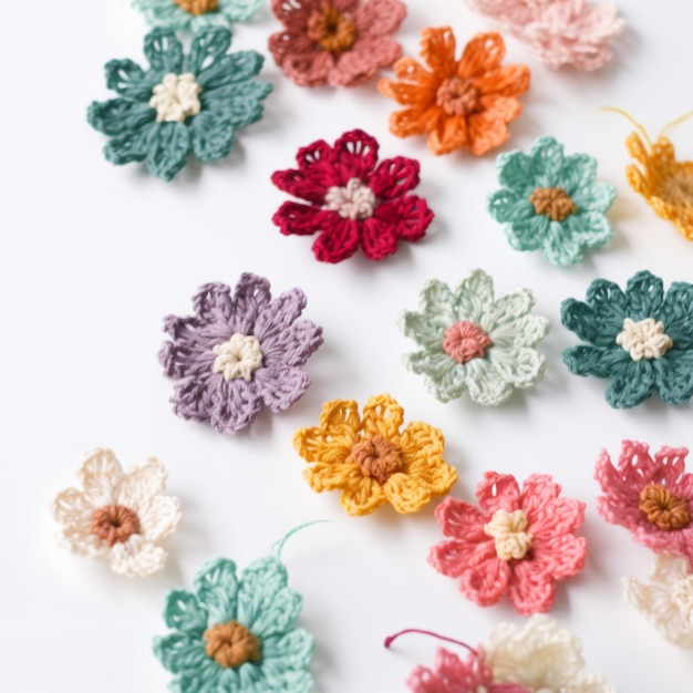 A collection of crochet flowers are displayed on a white background.