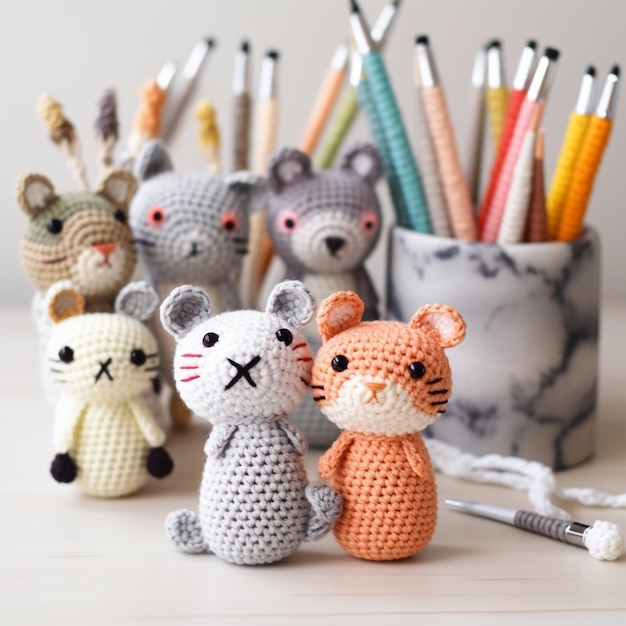 A collection of crocheted animals are displayed in front of a pencil holder.