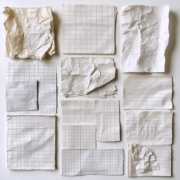 Photo a collection of crumpled graph and lined paper sheet arranged in a grid pattern showcasing texture