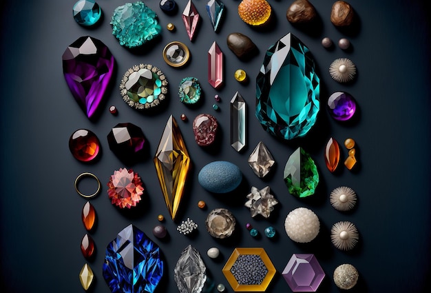 A collection of crystals and gemstones lay flat design Generative ai