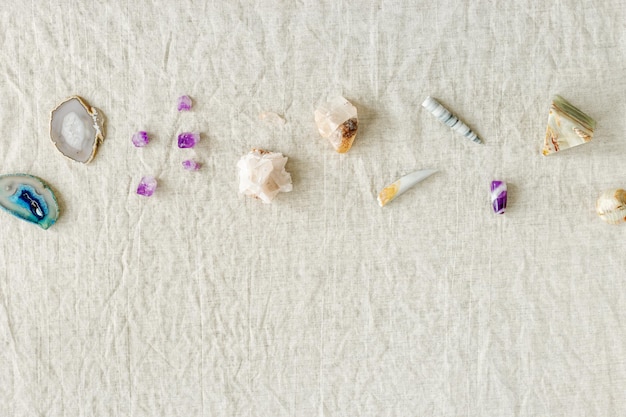 Collection of crystals on table healing minerals agate quartz amethyst onyx semiprecious gem Stones