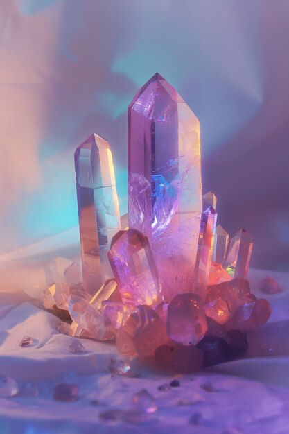 a collection of crystals with a purple background and a picture of a pyramid of crystals