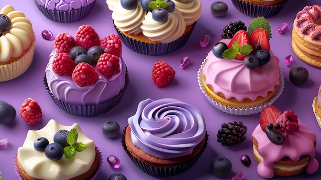 A collection of cupcakes with different toppings and decorations on a purple background