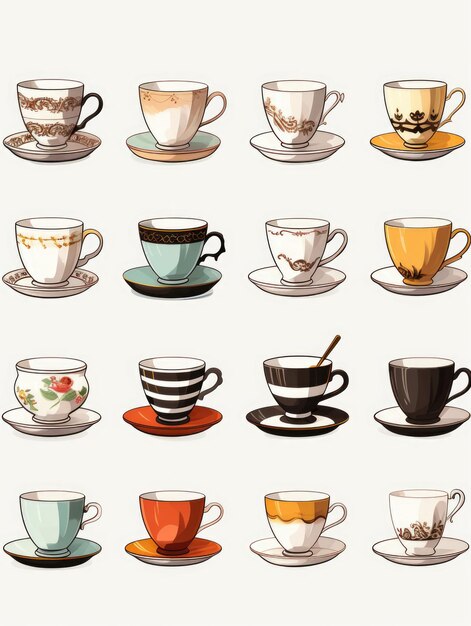 Photo a collection of cups and saucers with various designs and colors the cups are arranged in a grid pattern with each cup having a different design and color scene is cheerful and colorful