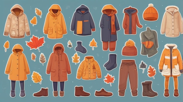 Collection of cute autumn clothing stickers featuring a sweater raincoat socks scarf gloves