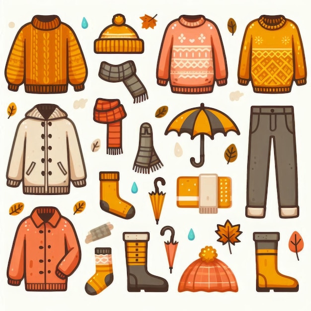 Photo collection of cute autumn clothing stickers featuring a sweater raincoat socks scarf gloves