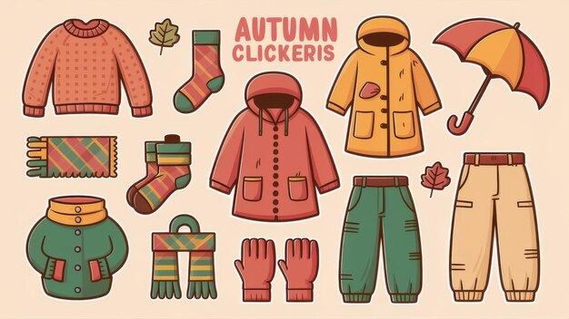 Collection of cute autumn clothing stickers featuring a sweater raincoat socks scarf gloves