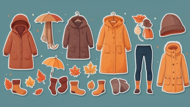 Photo collection of cute autumn clothing stickers featuring a sweater raincoat socks scarf gloves