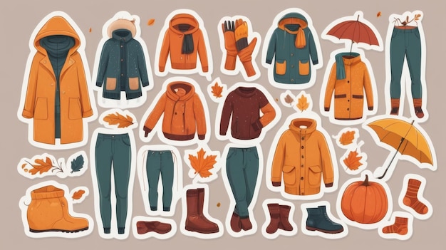 Photo collection of cute autumn clothing stickers featuring a sweater raincoat socks scarf gloves