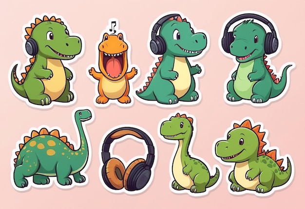 a collection of cute cartoon characters including dinosaurs headphones and headphones