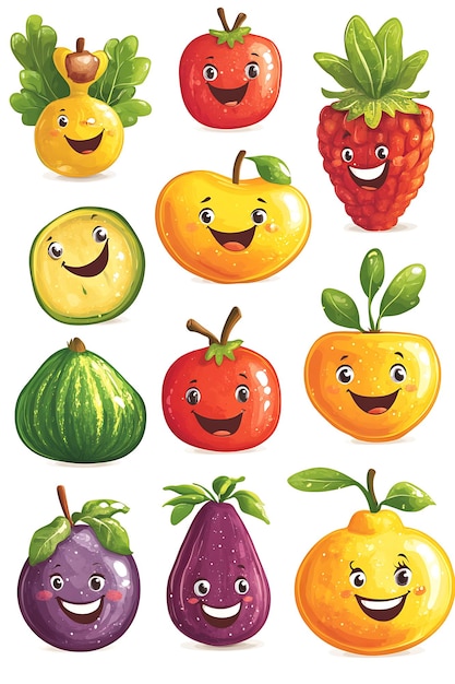 Collection of Cute Cartoon Fruits with Smiling Faces