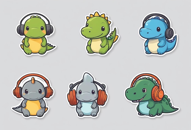 a collection of cute dinosaurs with headphones