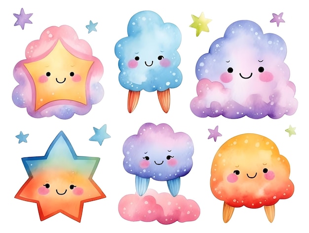 Collection of Cute rainbow clipart with cartoon style watercolor stars and cloud set