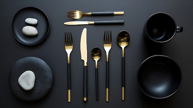 a collection of cutlery and silverware on a table with gold color