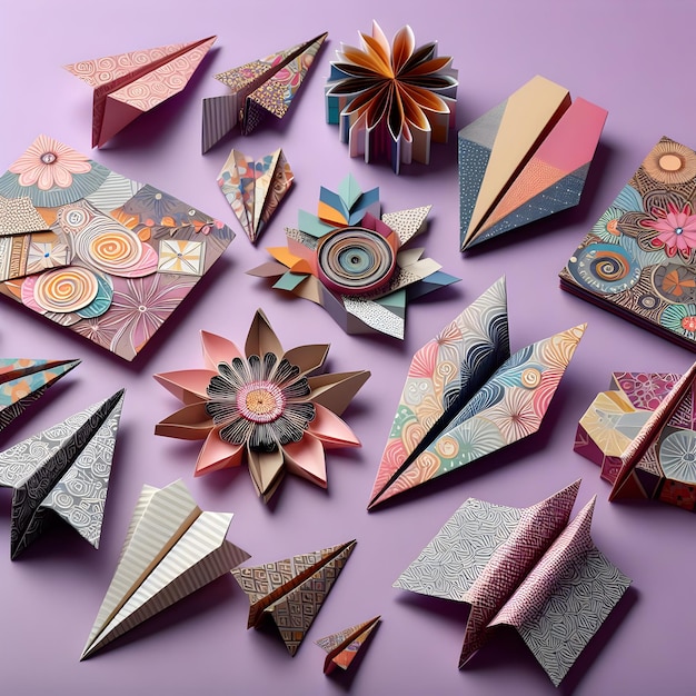 Photo a collection of decorative origami paper perfect for crafting unique paper airplanes inspiring crea