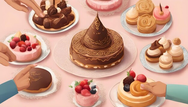 a collection of desserts including a cone shaped cake with a cone on the top