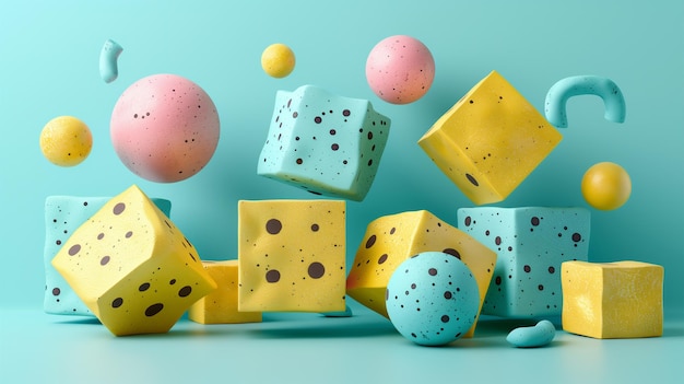 a collection of dice with a blue background and the word cheese on the bottom