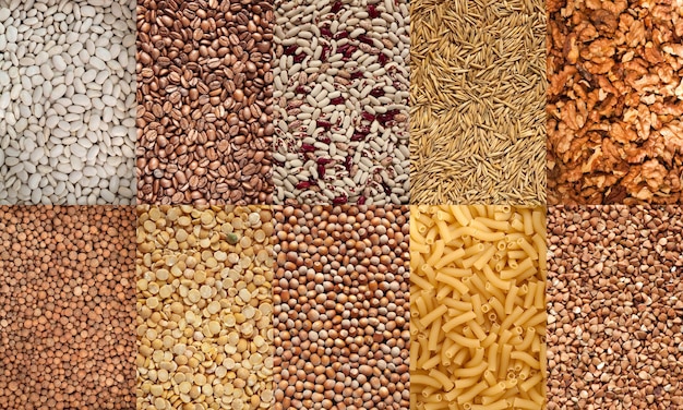 Photo collection of different beans and seeds as a background