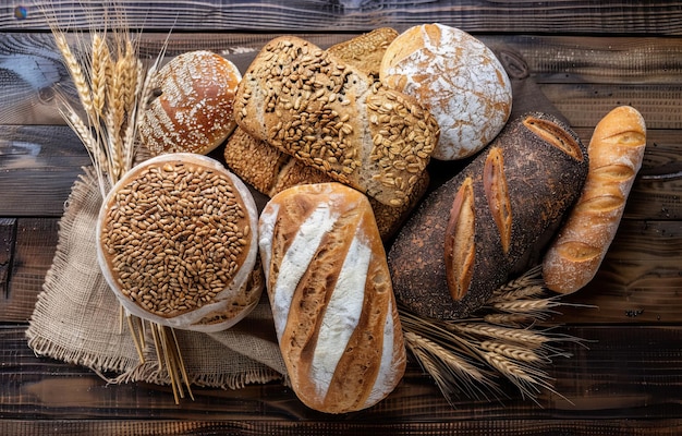 Collection of different breads rich in whole grains on a wooden counter Showcasing food diversity