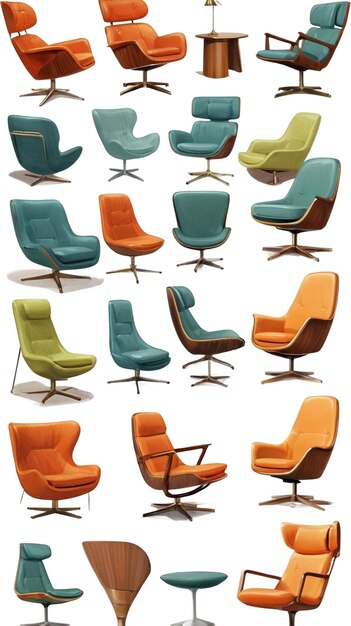 a collection of different chairs including one with a blue and orange color