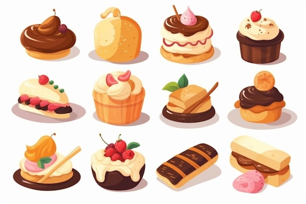 A collection of different desserts on a white background.