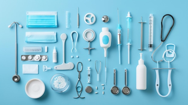 a collection of different items including a blue bottle a blue bottle and a pair of scissors