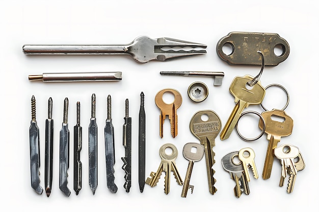 Photo collection of different keys and lock picking tools on a white background