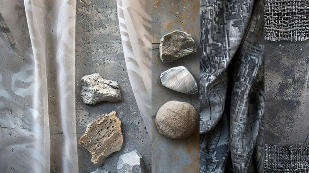 Photo a collection of different materials including fabrics rocks and a piece of wood showing various textures and colors