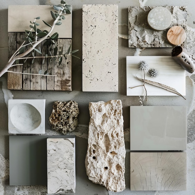 Photo a collection of different materials including a white marble and wood block