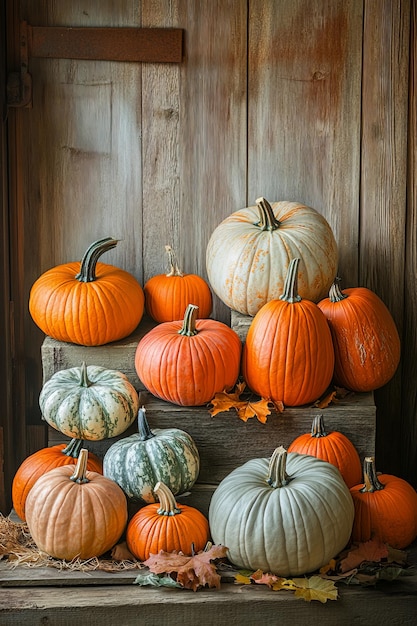 Collection of Different Pumpkin Varieties in Rustic Setting for Fall and Thanksgiving