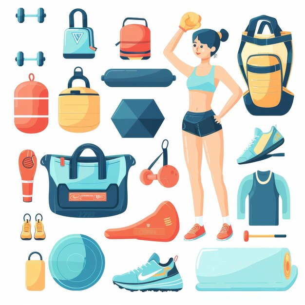 Photo a collection of different sports items including a woman and a bag