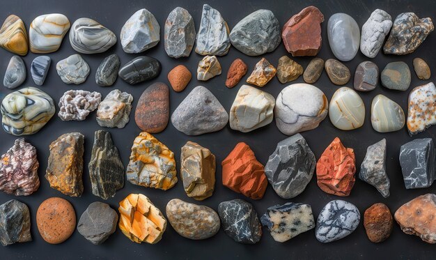 Photo collection of different stones on black background