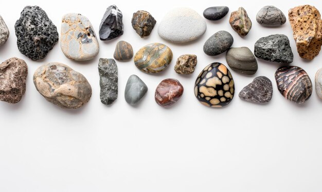 Collection of different stones and pebbles isolated on white background