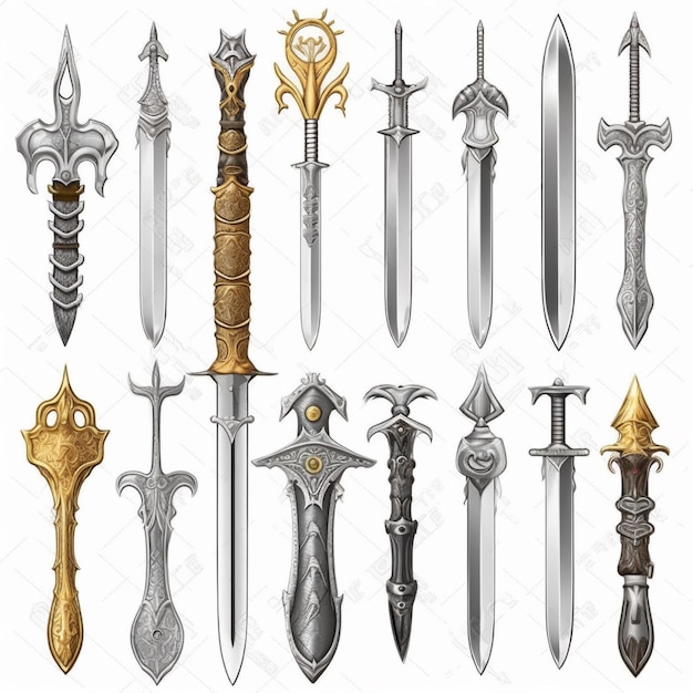 A collection of different swords with the word sword on the front.